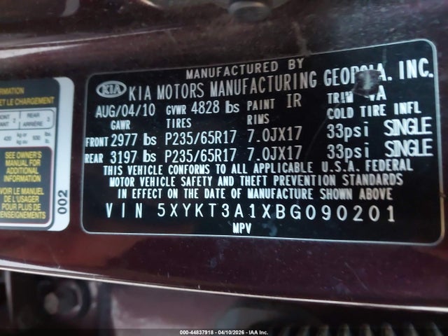 Aukcja sprzedaży 2011 Kia Sorento Lx, vin: 5XYKT3A1XBG090201, numer aukcji: 44837918