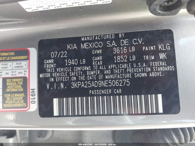 3KPA25AD9NE506275 KIA Rio 5-door S