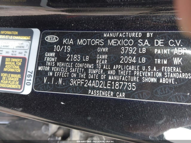 2020 Kia Forte Lxs მანქანა იყიდება აუქციონზე, vin: 3KPF24AD2LE187735, აუქციონის ნომერი: 44837965