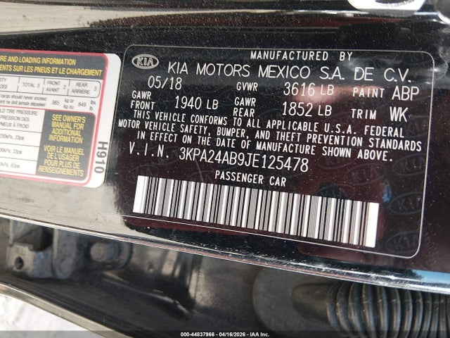 Aukcja sprzedaży 2018 Kia Rio S, vin: 3KPA24AB9JE125478, numer aukcji: 44837966