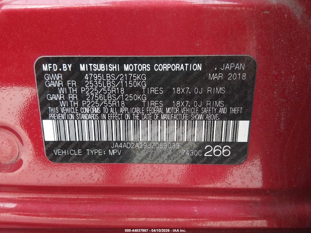 Продажа на аукционе авто 2018 Mitsubishi Outlander Es, vin: JA4AD2A39JZ053039, номер лота: 44837967