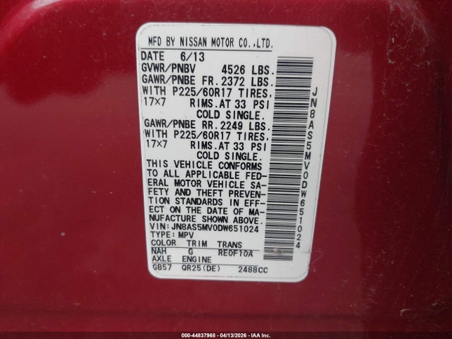 Продажа на аукционе авто 2013 Nissan Rogue Sv, vin: JN8AS5MV0DW651024, номер лота: 44837968