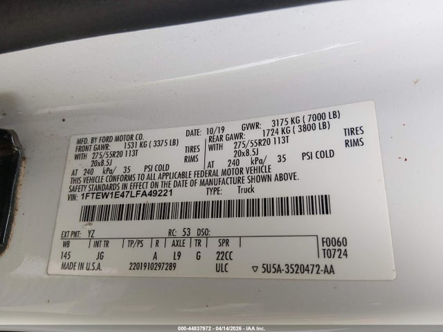 2020 Ford F-150 Xl მანქანა იყიდება აუქციონზე, vin: 1FTEW1E47LFA49221, აუქციონის ნომერი: 44837972
