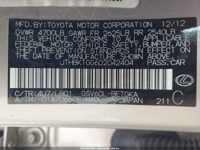 Продажа на аукционе авто 2013 Lexus Es 350, vin: JTHBK1GG6D2042404, номер лота: 44837981