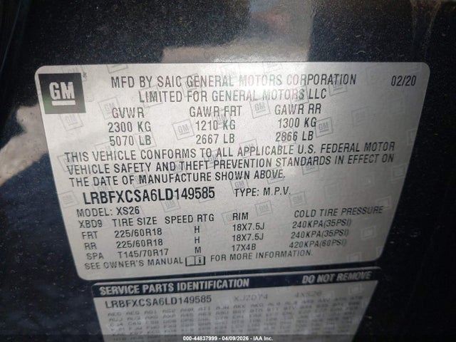 2020 Buick Envision Fwd Essence მანქანა იყიდება აუქციონზე, vin: LRBFXCSA6LD149585, აუქციონის ნომერი: 44837999