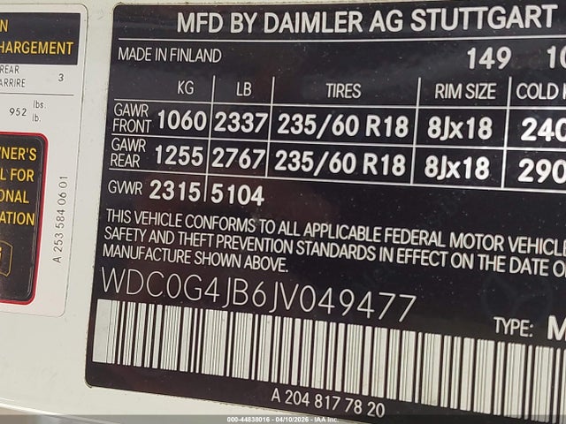Продаж на аукціоні авто 2018 Mercedes-benz Glc 300, vin: WDC0G4JB6JV049477, номер лоту: 44838016