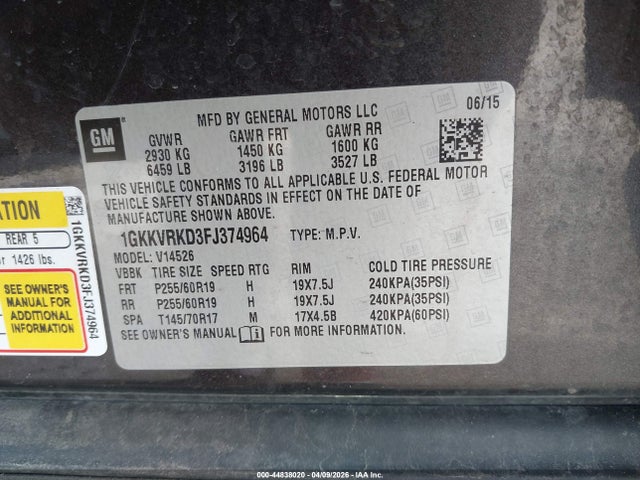 44838020 :رقم المزاد ، 1GKKVRKD3FJ374964 vin ، 2015 Gmc Acadia Slt-1 مزاد بيع