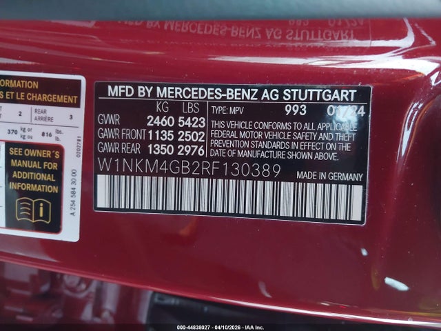 44838027 :رقم المزاد ، W1NKM4GB2RF130389 vin ، 2024 Mercedes-benz Glc 300 Suv مزاد بيع