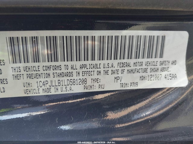 44838031 :رقم المزاد ، 1C4PJLLB1LD581208 vin ، 2020 Jeep Cherokee Altitude Fwd مزاد بيع