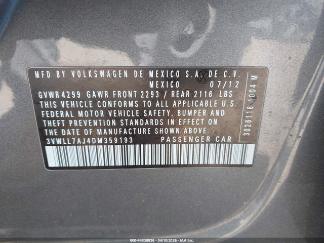 Продажа на аукционе авто 2013 Volkswagen Jetta 2.0l Tdi, vin: 3VWLL7AJ4DM359193, номер лота: 44838036