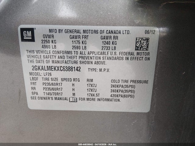 Продаж на аукціоні авто 2012 Gmc Terrain Sle-1, vin: 2GKALMEKXC6388142, номер лоту: 44838042