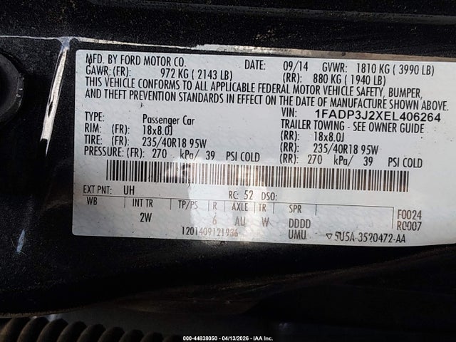 2014 Ford Focus Titanium მანქანა იყიდება აუქციონზე, vin: 1FADP3J2XEL406264, აუქციონის ნომერი: 44838050