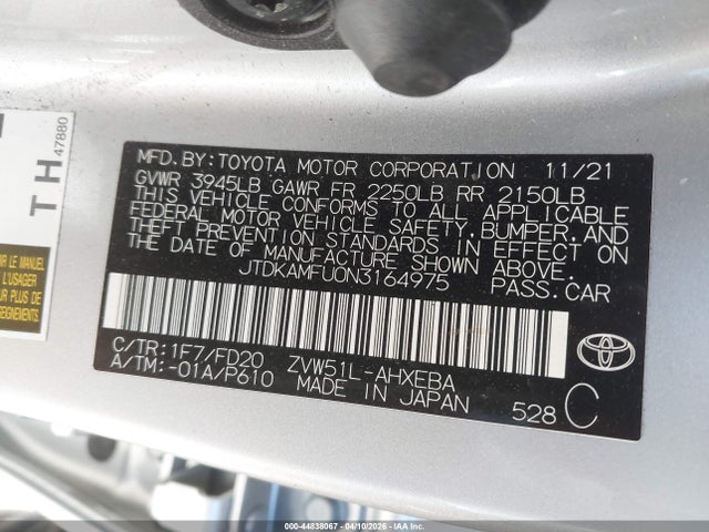 2022 Toyota Prius Le მანქანა იყიდება აუქციონზე, vin: JTDKAMFU0N3164975, აუქციონის ნომერი: 44838067