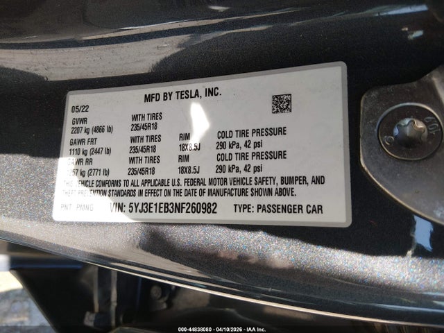 Aukcja sprzedaży 2022 Tesla Model 3 Long Range Dual Motor All-wheel Drive, vin: 5YJ3E1EB3NF260982, numer aukcji: 44838080