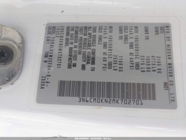 44838082 :رقم المزاد ، 3N6CM0KN2MK702701 vin ، 2021 Nissan Nv200  Cargo Sv Xtronic Cvt مزاد بيع