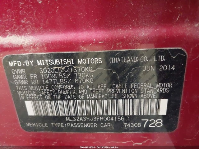 Продаж на аукціоні авто 2015 Mitsubishi Mirage De/rf, vin: ML32A3HJ3FH004156, номер лоту: 44838093
