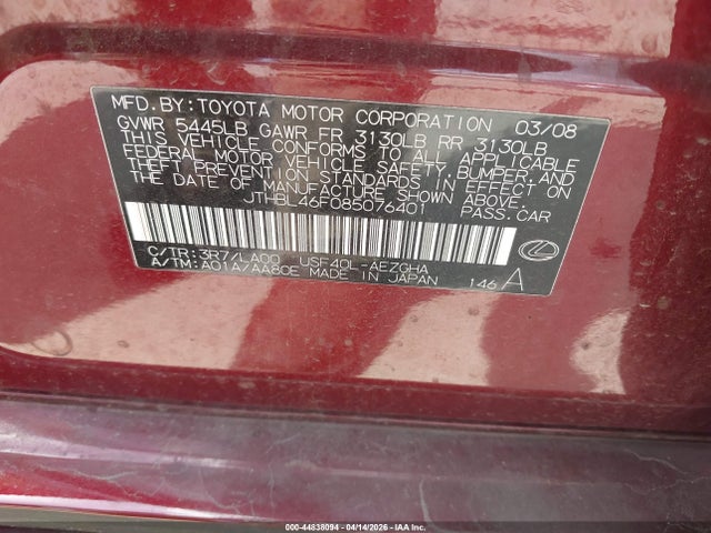 44838094 :رقم المزاد ، JTHBL46F085076401 vin ، 2008 Lexus Ls 460 مزاد بيع