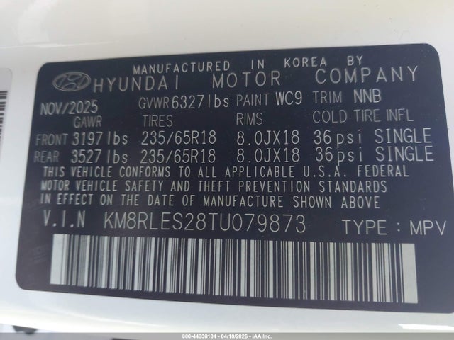 Продажа на аукционе авто 2026 Hyundai Palisade Sel 7p, vin: KM8RLES28TU079873, номер лота: 44838104