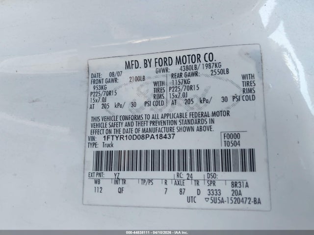 44838111 :رقم المزاد ، 1FTYR10D08PA18437 vin ، 2008 Ford Ranger Xl/xlt مزاد بيع