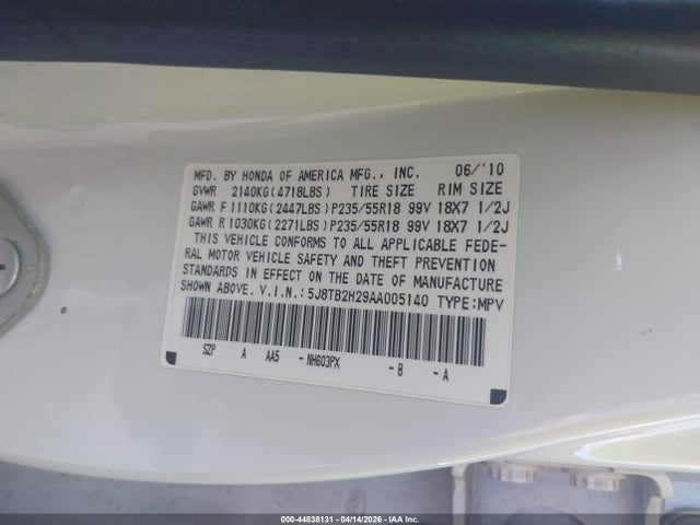 44838131 :رقم المزاد ، 5J8TB2H29AA005140 vin ، 2010 Acura Rdx مزاد بيع