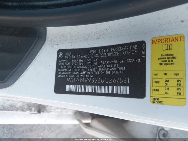 44838139 :رقم المزاد ، WBANV93568CZ67531 vin ، 2008 Bmw 535xi مزاد بيع