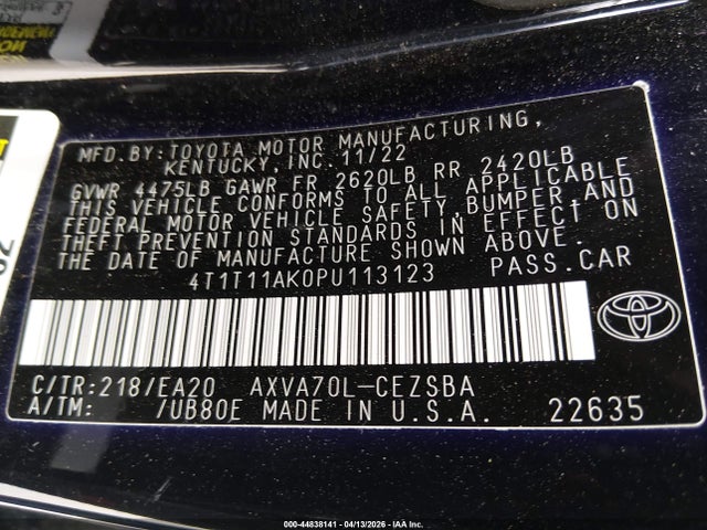 Aukcja sprzedaży 2023 Toyota Camry Se, vin: 4T1T11AK0PU113123, numer aukcji: 44838141