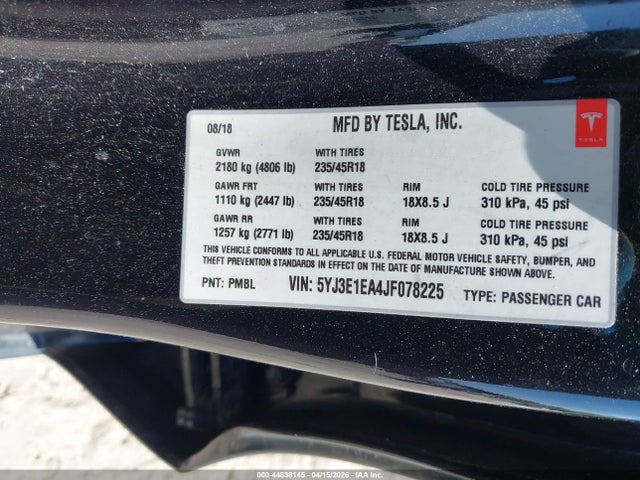 2018 Tesla Model 3 Long Range/mid Range მანქანა იყიდება აუქციონზე, vin: 5YJ3E1EA4JF078225, აუქციონის ნომერი: 44838145