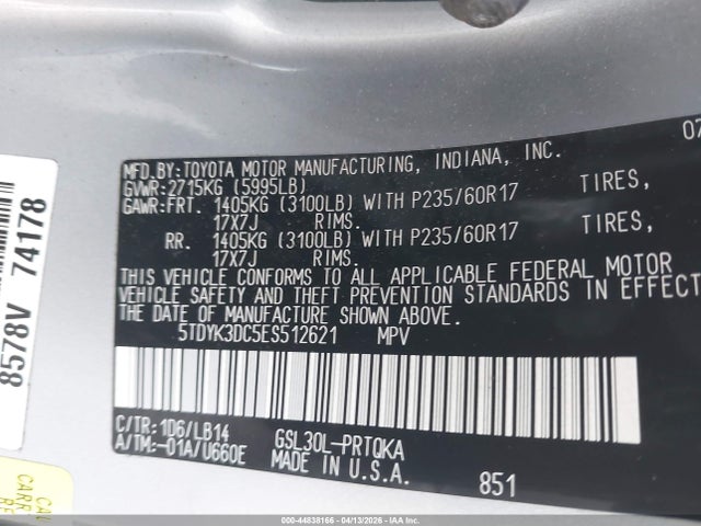 5TDYK3DC5ES512621 Toyota Sienna Xle/limited
