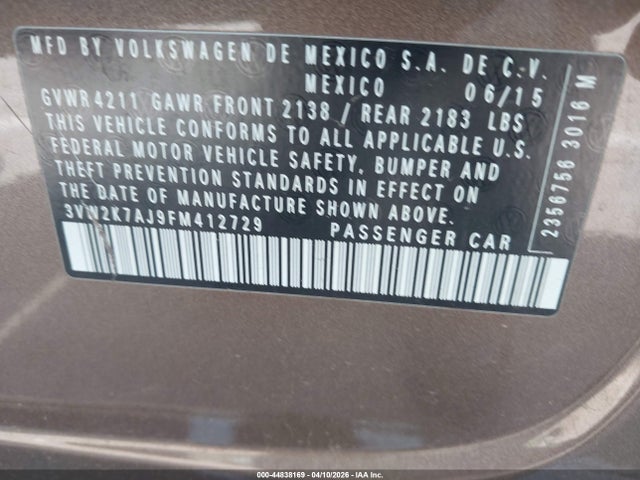 2015 Volkswagen Jetta 2.0l S მანქანა იყიდება აუქციონზე, vin: 3VW2K7AJ9FM412729, აუქციონის ნომერი: 44838169