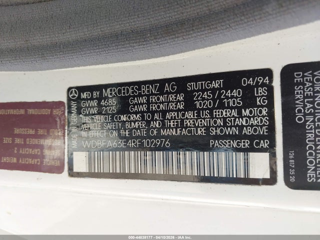 Продаж на аукціоні авто 1994 Mercedes-benz Sl 320, vin: WDBFA63E4RF102976, номер лоту: 44838177