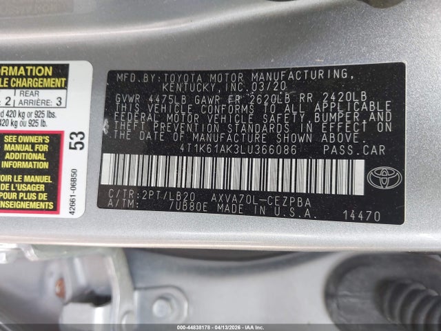 Aukcja sprzedaży 2020 Toyota Camry Xse, vin: 4T1K61AK3LU366086, numer aukcji: 44838178