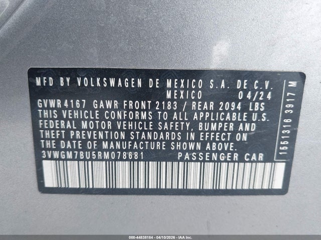 Aukcja sprzedaży 2024 Volkswagen Jetta 1.5t Sel, vin: 3VWGM7BU5RM078681, numer aukcji: 44838184