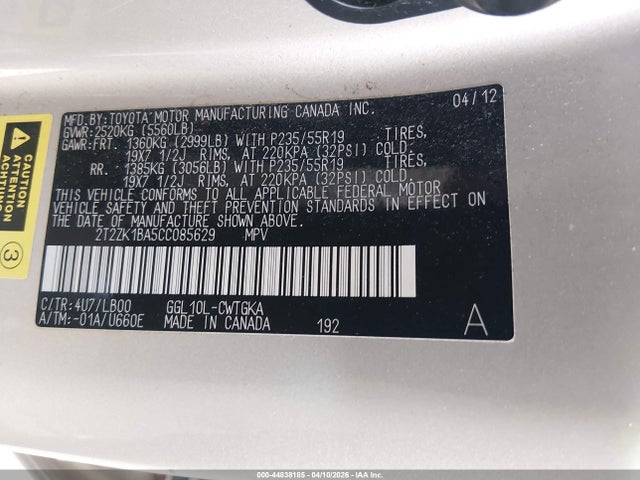 44838185 :رقم المزاد ، 2T2ZK1BA5CC085629 vin ، 2012 Lexus Rx 350 مزاد بيع