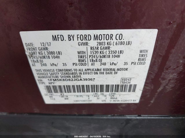 44838207 :رقم المزاد ، 1FM5K8D82JGA39367 vin ، 2018 Ford Explorer Xlt مزاد بيع