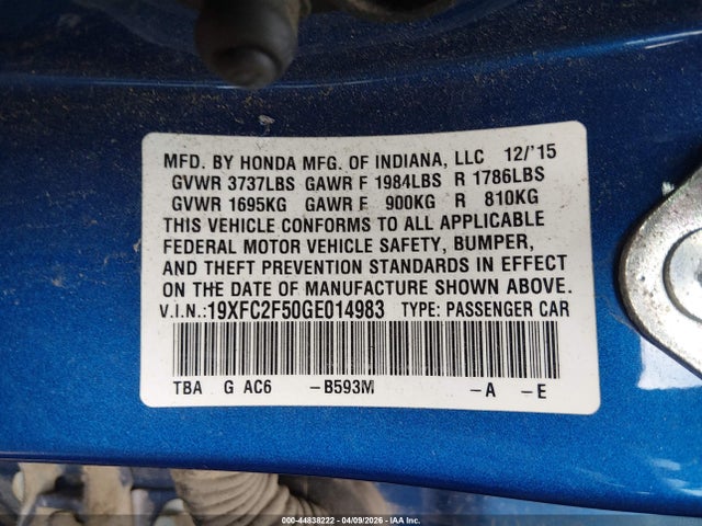 Aukcja sprzedaży 2016 Honda Civic Lx, vin: 19XFC2F50GE014983, numer aukcji: 44838222