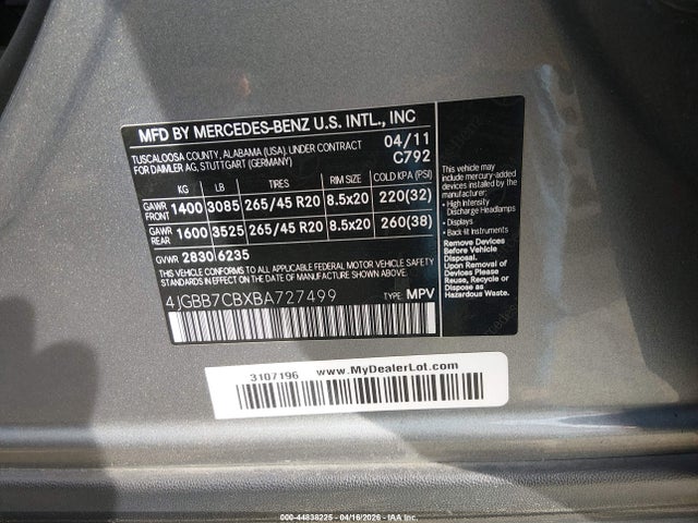 44838225 :رقم المزاد ، 4JGBB7CBXBA727499 vin ، 2011 Mercedes-benz Ml 550 4matic مزاد بيع