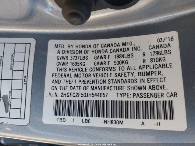 Honda Civic Lx 2018 2HGFC2F50JH544657 Image 9