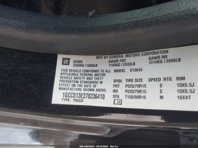 44838233 :رقم المزاد ، 1GCCS13E278236410 vin ، 2007 Chevrolet Colorado Lt مزاد بيع