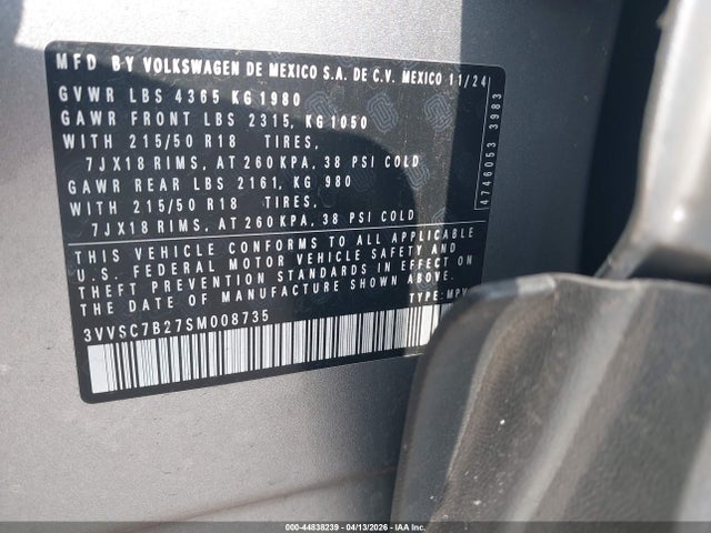 2025 Volkswagen Taos 1.5t Se მანქანა იყიდება აუქციონზე, vin: 3VVSC7B27SM008735, აუქციონის ნომერი: 44838239