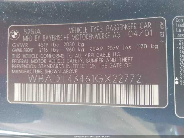 Продажа на аукционе авто 2001 Bmw 525ia, vin: WBADT43461GX22772, номер лота: 44838254