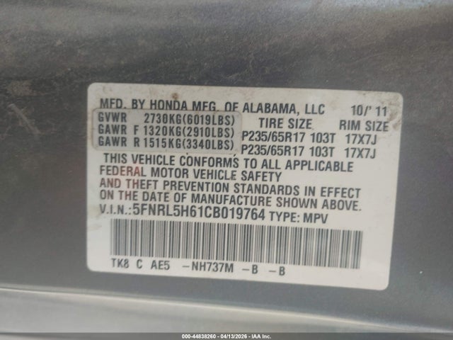 Продаж на аукціоні авто 2012 Honda Odyssey Ex-l, vin: 5FNRL5H61CB019764, номер лоту: 44838260