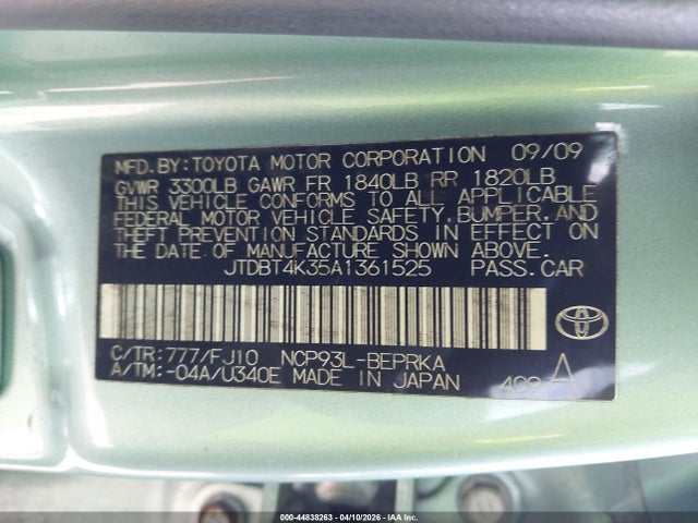 Продаж на аукціоні авто 2010 Toyota Yaris, vin: JTDBT4K35A1361525, номер лоту: 44838263