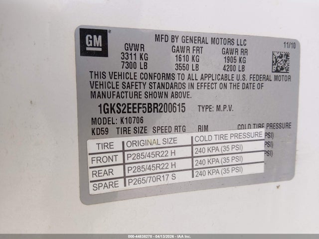 44838270 :رقم المزاد ، 1GKS2EEF5BR200615 vin ، 2011 Gmc Yukon Denali مزاد بيع
