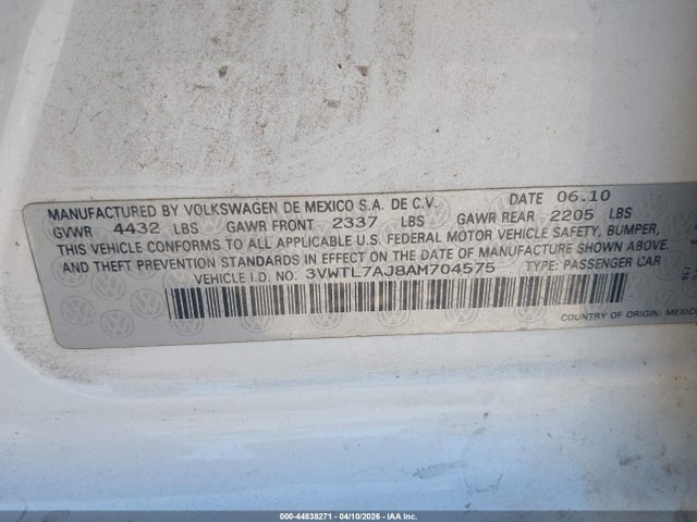 44838271 :رقم المزاد ، 3VWTL7AJ8AM704575 vin ، 2010 Volkswagen Jetta Tdi مزاد بيع
