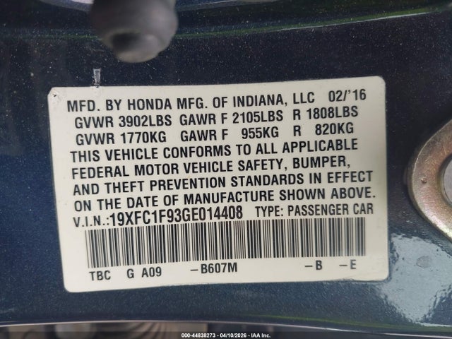 44838273 :رقم المزاد ، 19XFC1F93GE014408 vin ، 2016 Honda Civic Touring مزاد بيع