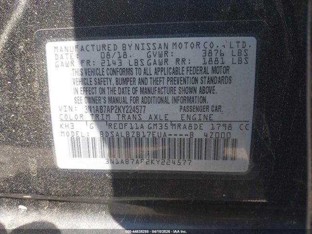 2019 Nissan Sentra S მანქანა იყიდება აუქციონზე, vin: 3N1AB7AP2KY224577, აუქციონის ნომერი: 44838288