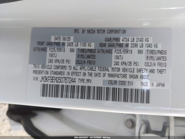 44838291 :رقم المزاد ، JM3KFBEM2S0767244 vin ، 2025 Mazda Cx-5 2.5 S Premium Plus مزاد بيع
