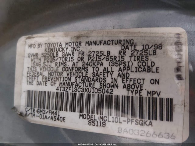 Продаж на аукціоні авто 1999 Toyota Sienna Xle, vin: 4T3ZF13C3XU105042, номер лоту: 44838295