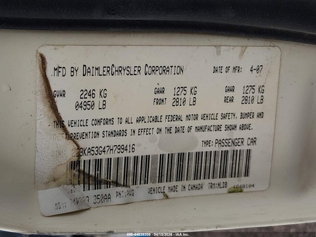 Aukcja sprzedaży 2007 Chrysler 300 Touring, vin: 2C3KA53G47H799416, numer aukcji: 44838306