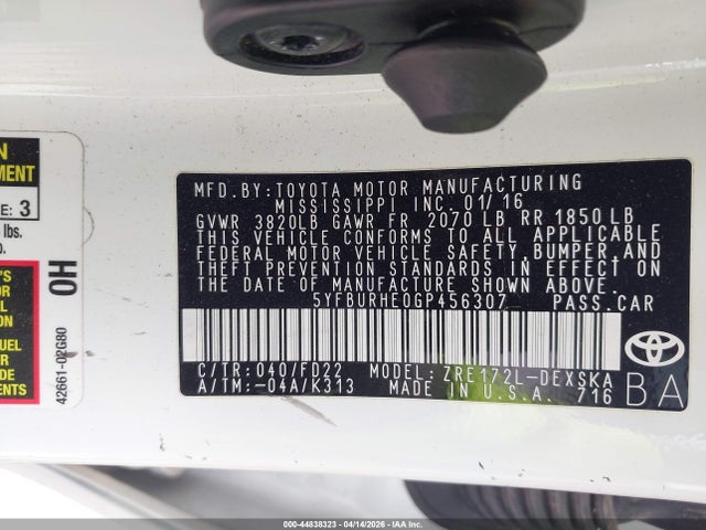 44838323 :رقم المزاد ، 5YFBURHE0GP456307 vin ، 2016 Toyota Corolla S Plus مزاد بيع